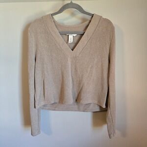 H&M Cropped Knit V Neck Long Sleeve Tan Pullover Sweater Size M Bell Sleeve